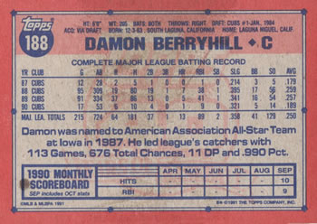 1991 Topps #188 Damon Berryhill Back