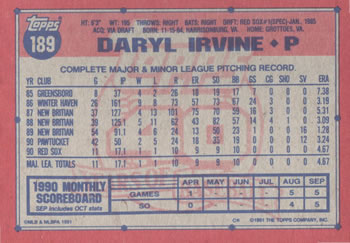 1991 Topps #189 Daryl Irvine Back