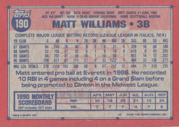 1991 Topps #190 Matt Williams Back
