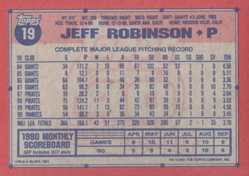 1991 Topps #19 Jeff Robinson Back