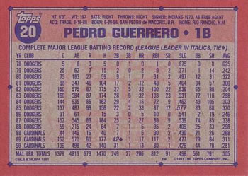 1991 Topps #20 Pedro Guerrero Back