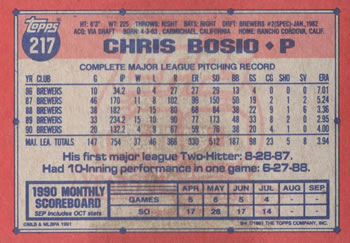 1991 Topps #217 Chris Bosio Back