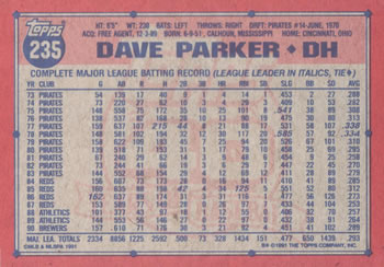 1991 Topps #235 Dave Parker Back
