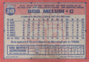 1991 Topps #249 Bob Melvin Back
