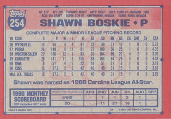 1991 Topps #254 Shawn Boskie Back