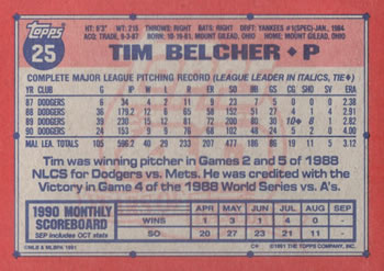 1991 Topps #25 Tim Belcher Back