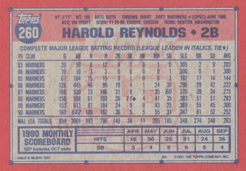 1991 Topps #260 Harold Reynolds Back