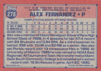 1991 Topps #278 Alex Fernandez Back