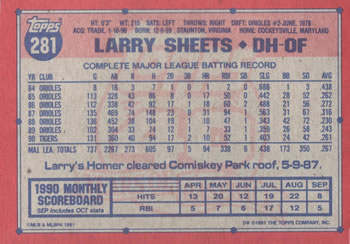 1991 Topps #281 Larry Sheets Back