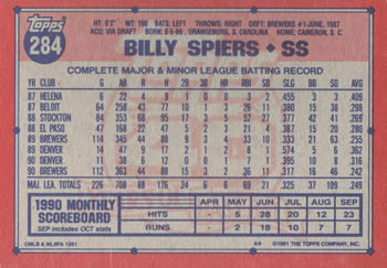 1991 Topps #284 Billy Spiers Back