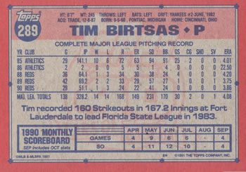 1991 Topps #289 Tim Birtsas Back
