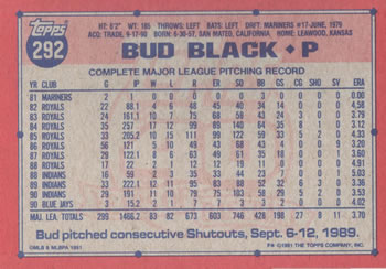 1991 Topps #292 Bud Black Back