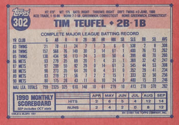 1991 Topps #302a Tim Teufel Back