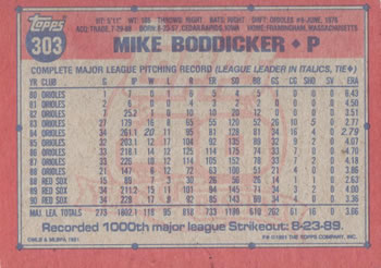 1991 Topps #303 Mike Boddicker Back