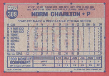 1991 Topps #309 Norm Charlton Back