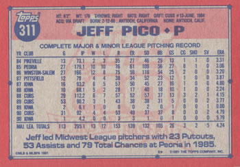 1991 Topps #311 Jeff Pico Back