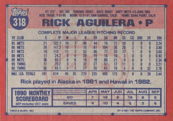 1991 Topps #318 Rick Aguilera Back