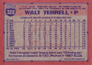 1991 Topps #328 Walt Terrell Back