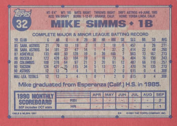 1991 Topps #32 Mike Simms Back