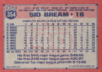 1991 Topps #354 Sid Bream Back