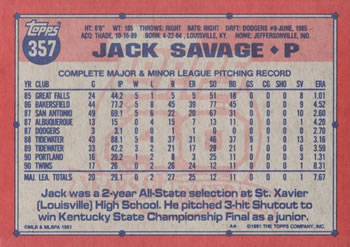 1991 Topps #357 Jack Savage Back