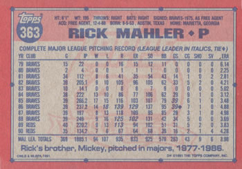 1991 Topps #363 Rick Mahler Back