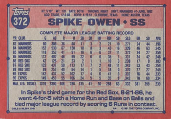 1991 Topps #372 Spike Owen Back