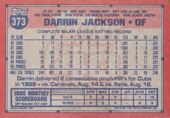 1991 Topps #373 Darrin Jackson Back