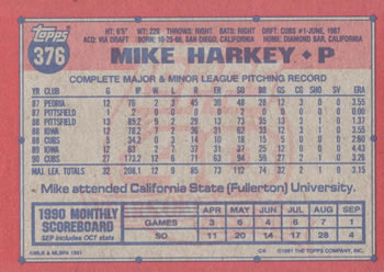 1991 Topps #376 Mike Harkey Back
