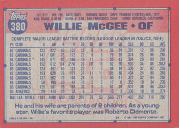 1991 Topps #380 Willie McGee Back