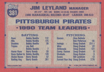 1991 Topps #381 Jim Leyland Back