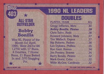 1991 Topps #403 Bobby Bonilla Back