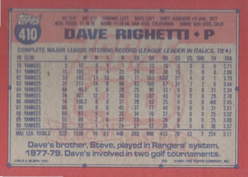 1991 Topps #410 Dave Righetti Back