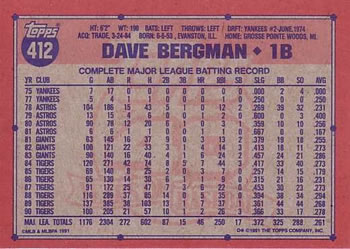 1991 Topps #412 Dave Bergman Back