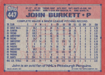 1991 Topps #447 John Burkett Back