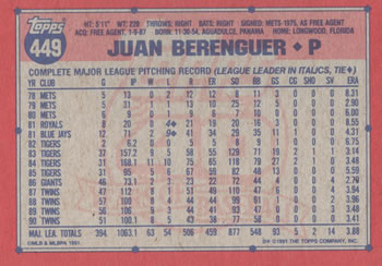 1991 Topps #449 Juan Berenguer Back