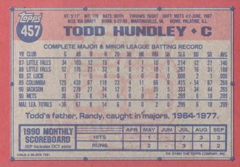 1991 Topps #457 Todd Hundley Back