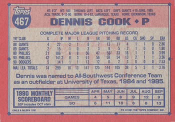 1991 Topps #467 Dennis Cook Back