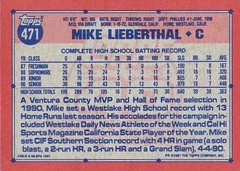 1991 Topps #471 Mike Lieberthal Back
