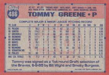 1991 Topps #486 Tommy Greene Back