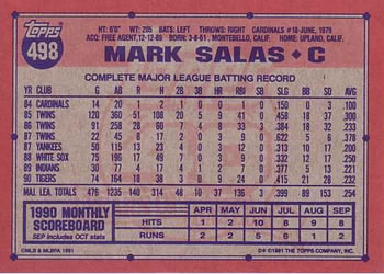 1991 Topps #498 Mark Salas Back