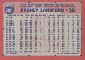1991 Topps #502 Carney Lansford Back