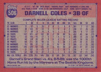 1991 Topps #506 Darnell Coles Back
