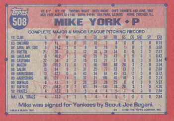1991 Topps #508 Mike York Back
