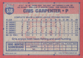 1991 Topps #518 Cris Carpenter Back