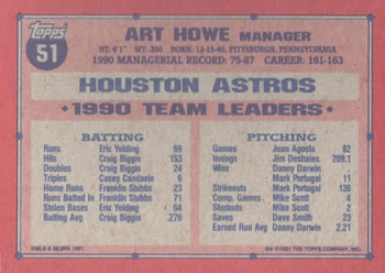 1991 Topps #51 Art Howe Back