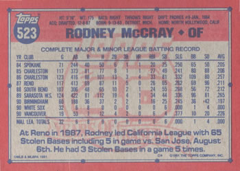 1991 Topps #523 Rodney McCray Back