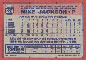 1991 Topps #534 Mike Jackson Back