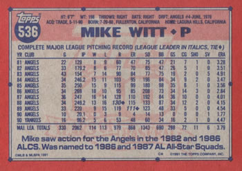 1991 Topps #536 Mike Witt Back