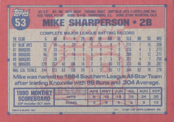 1991 Topps #53 Mike Sharperson Back
